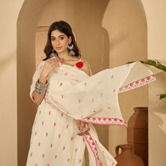 Pure Cotton Embroidered Shoulder Strap Kurta With Pant & Dupatta Kurta Set