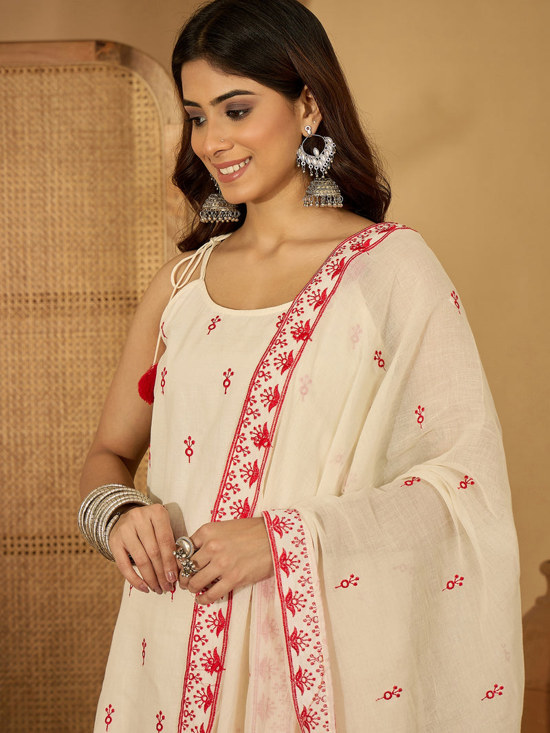 Pure Cotton Embroidered Shoulder Strap Kurta With Pant & Dupatta Kurta Set