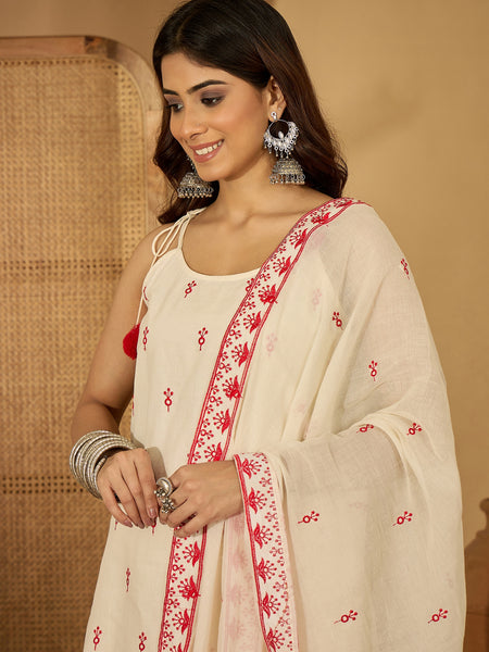 Pure Cotton Embroidered Shoulder Strap Kurta With Pant & Dupatta Kurta Set