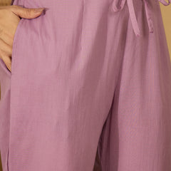 Lilac Hand Printed Schiffli Pure Cotton Kurta With Trousers & Dupatta Kurta Set