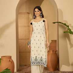 Pure Cotton Embroidered Shoulder Strap Kurta With Pant & Dupatta Kurta Set