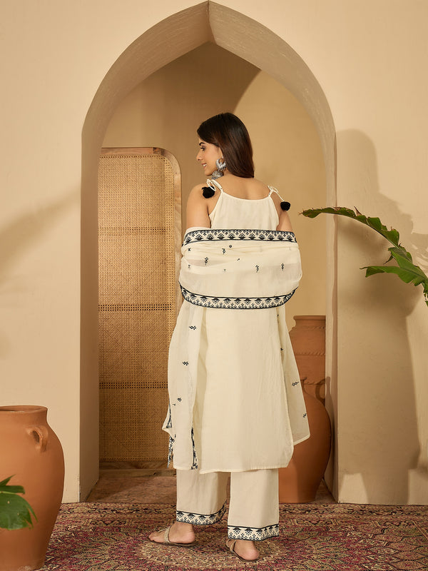 Pure Cotton Embroidered Shoulder Strap Kurta With Pant & Dupatta Kurta Set