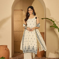 Pure Cotton Embroidered Shoulder Strap Kurta With Pant & Dupatta Kurta Set