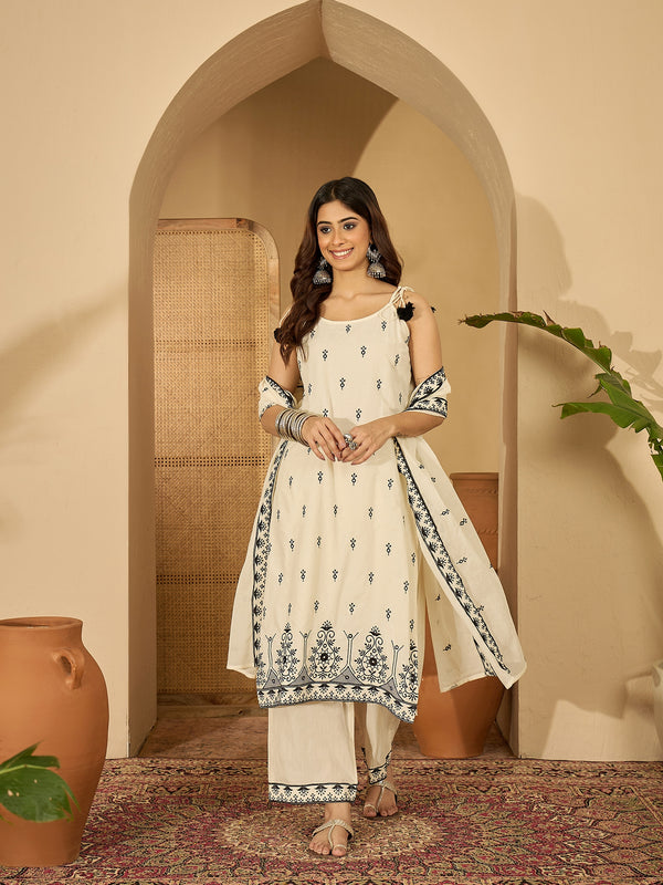 Pure Cotton Embroidered Shoulder Strap Kurta With Pant & Dupatta Kurta Set
