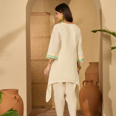 Off White Embroidered High Low Kurta With Dhoti Pant Kurta Set