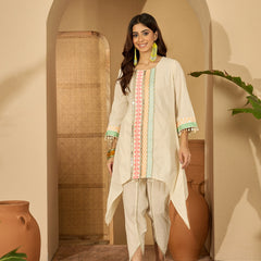 Off White Embroidered High Low Kurta With Dhoti Pant Kurta Set