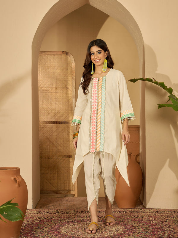 Off White Embroidered High Low Kurta With Dhoti Pant Kurta Set