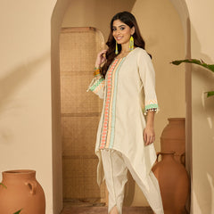 Off White Embroidered High Low Kurta With Dhoti Pant Kurta Set