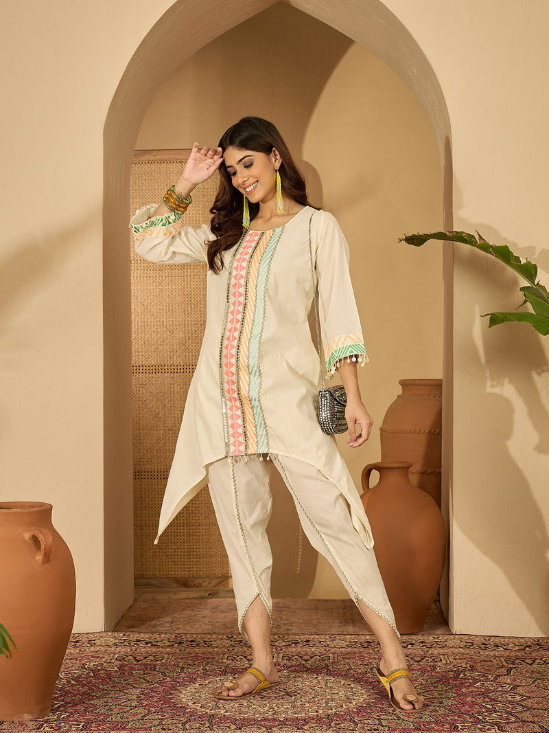Off White Embroidered High Low Kurta With Dhoti Pant Kurta Set