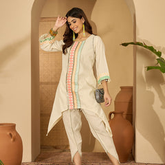 Off White Embroidered High Low Kurta With Dhoti Pant Kurta Set