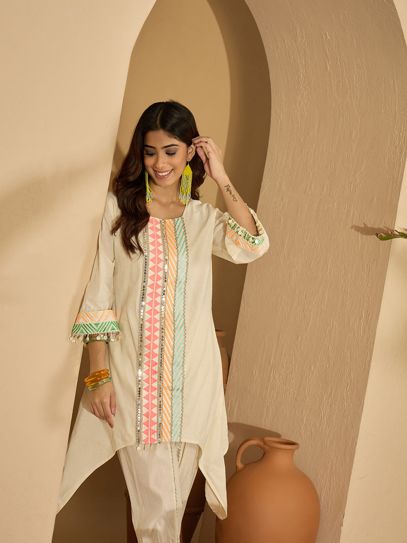 Off White Embroidered High Low Kurta With Dhoti Pant Kurta Set