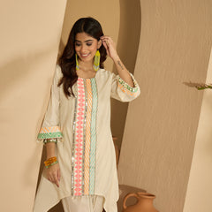 Off White Embroidered High Low Kurta With Dhoti Pant Kurta Set