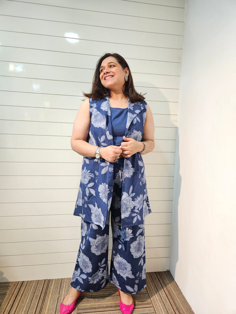 Printed Pure Cotton Top with Jacket & Palazzo Co-Ords Set