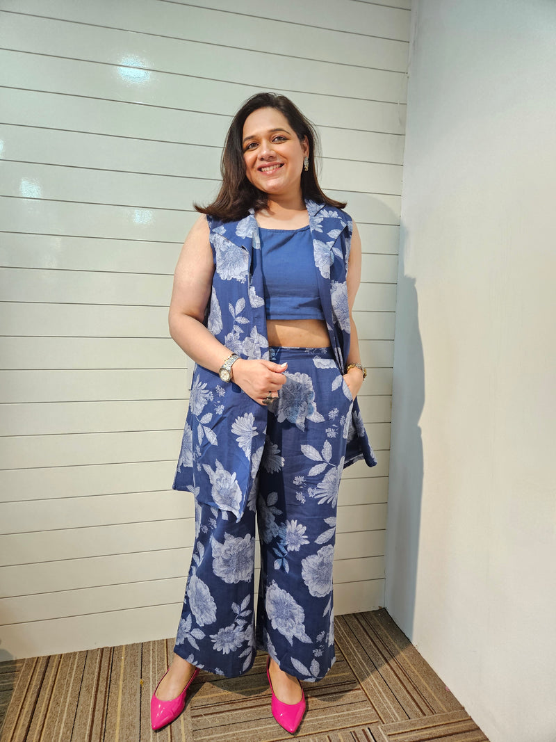 Printed Pure Cotton Top with Jacket & Palazzo Co-Ords Set