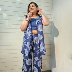 Printed Pure Cotton Top with Jacket & Palazzo Co-Ords Set