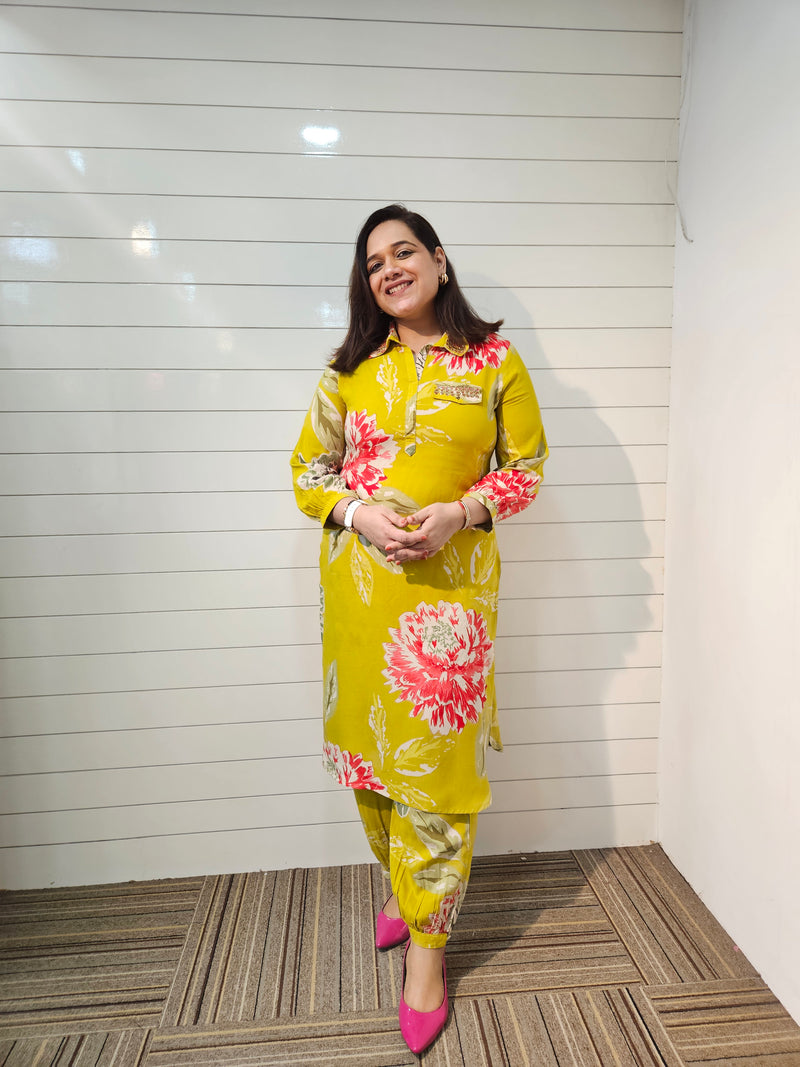 Floral Printed & Mirror Work Pathani Kurta With Trousers Kurta Set