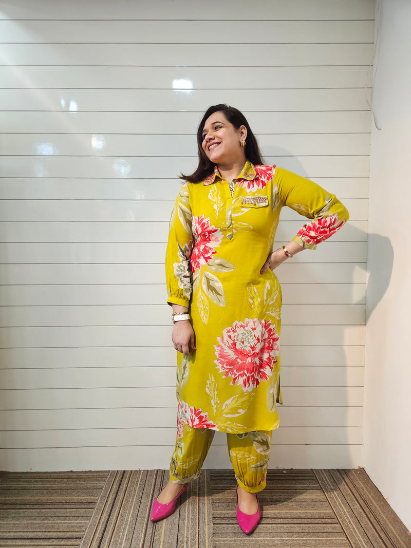 Floral Printed & Mirror Work Pathani Kurta With Trousers Kurta Set