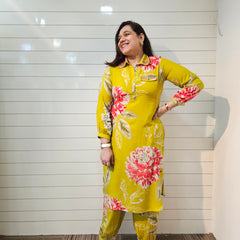 Floral Printed & Mirror Work Pathani Kurta With Trousers Kurta Set
