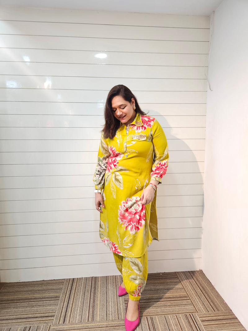 Floral Printed & Mirror Work Pathani Kurta With Trousers Kurta Set