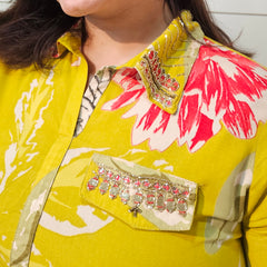 Floral Printed & Mirror Work Pathani Kurta With Trousers Kurta Set