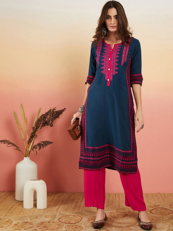 Ethnic Motifs Embroidered Thread Work Straight Kurta