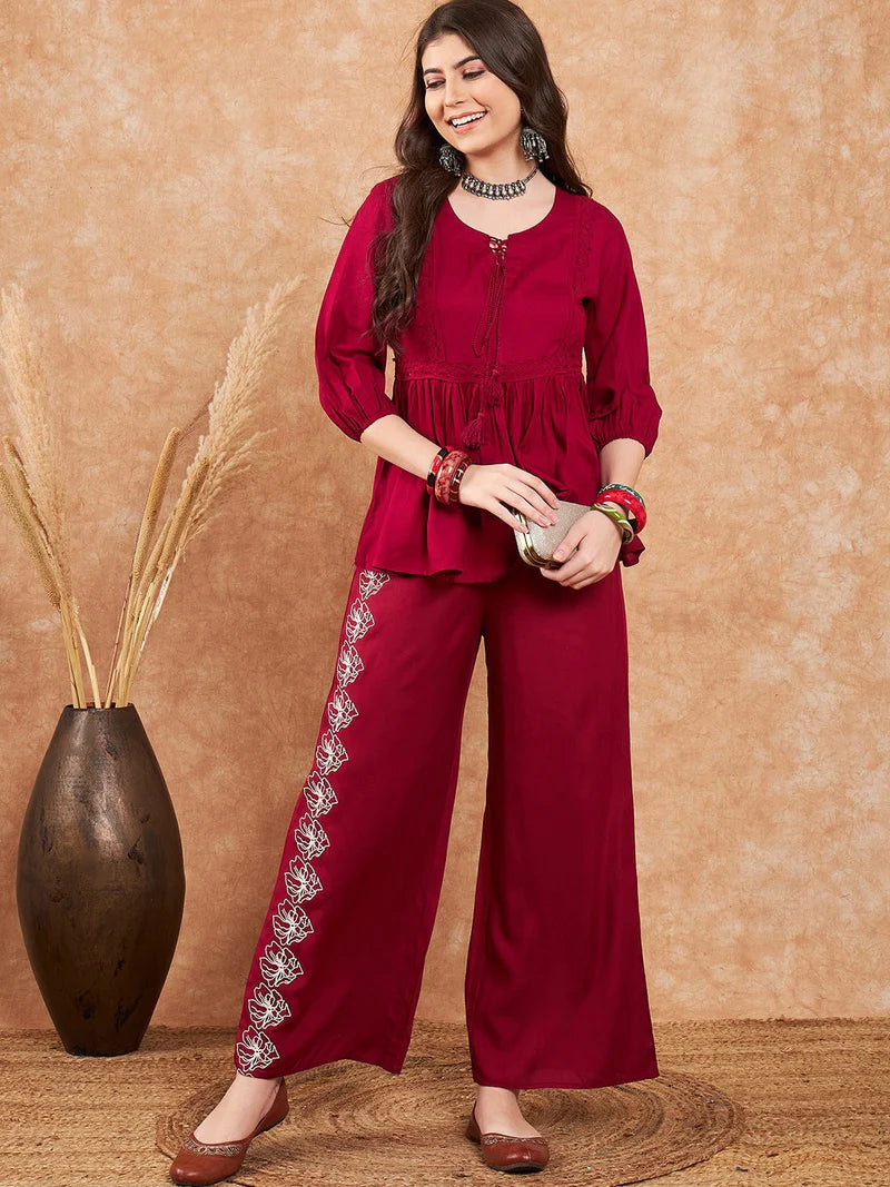 Embellished Lace Up Detail Top & Palazzo Co-Ords Set