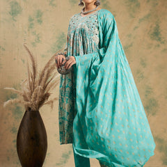 Floral Printed Thread Work Pure Cotton A-Line Kurta & Trousers With Dupatta
