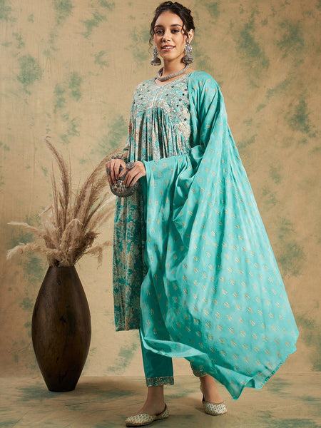 Floral Printed Thread Work Pure Cotton A-Line Kurta & Trousers With Dupatta
