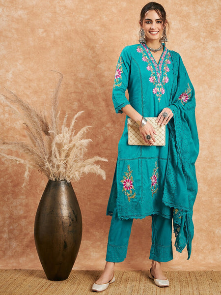 Blue Woven Design Thread Work Detail Pure Cotton Kurta & Trouser With Dupatta