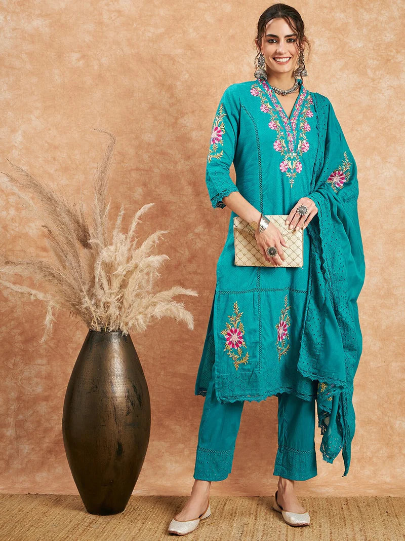 Floral Embroidered Pure Cotton Straight Kurta With Trouser & Dupatta