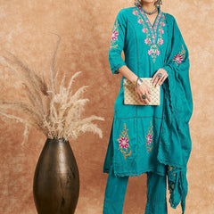 Floral Embroidered Pure Cotton Straight Kurta With Trouser & Dupatta