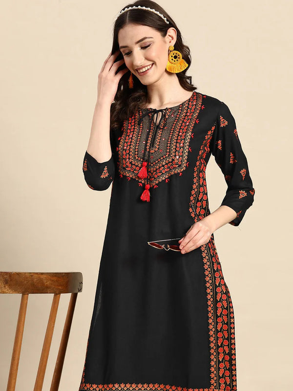 Ethnic Motifs Embroidered Thread Work Straight Kurta