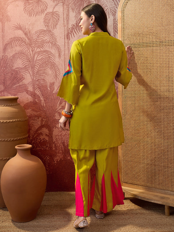 Parrot Green Embroidered Tunic With Sharara Co-Ords Set