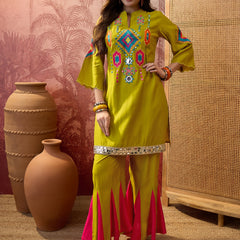 Parrot Green Embroidered Tunic With Sharara Co-Ords Set