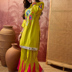 Parrot Green Embroidered Tunic With Sharara Co-Ords Set