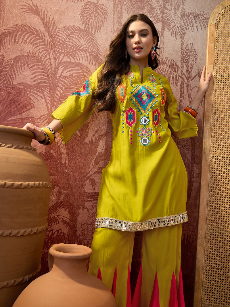 Parrot Green Embroidered Tunic With Sharara Co-Ords Set