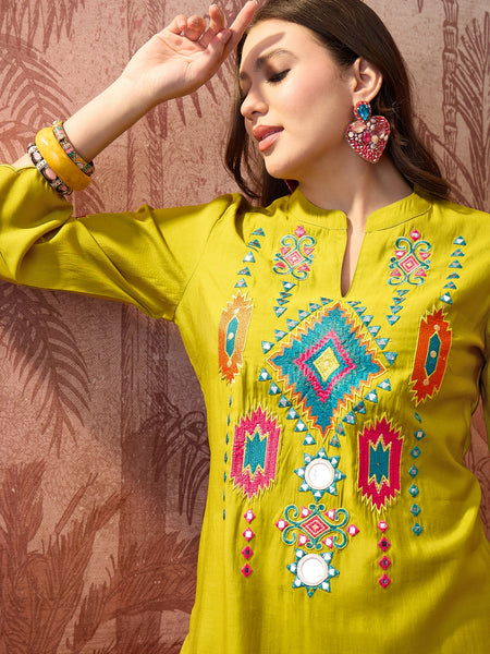 Parrot Green Embroidered Tunic With Sharara Co-Ords Set