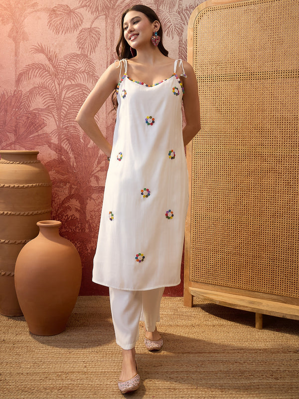Shoulder Strap Straight Kurta with Trouser & Dupatta Set