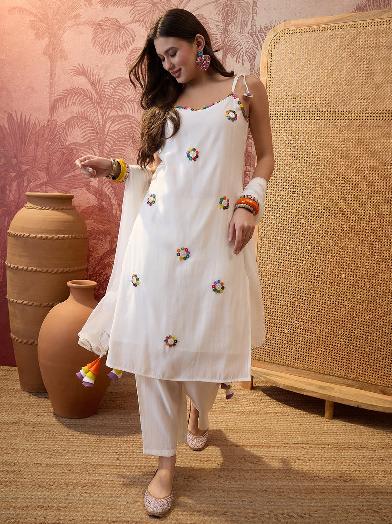 Shoulder Strap Straight Kurta with Trouser & Dupatta Set
