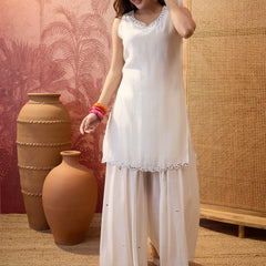 Floral Embroidered Sleevless Kurta With Sharara & Dupatta Kurta Set