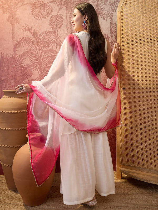 Off White Floral Embroidered Sleeveless Kurta With Sharara & Dupatta Kurta Set