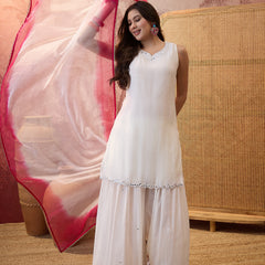 Floral Embroidered Sleevless Kurta With Sharara & Dupatta Kurta Set