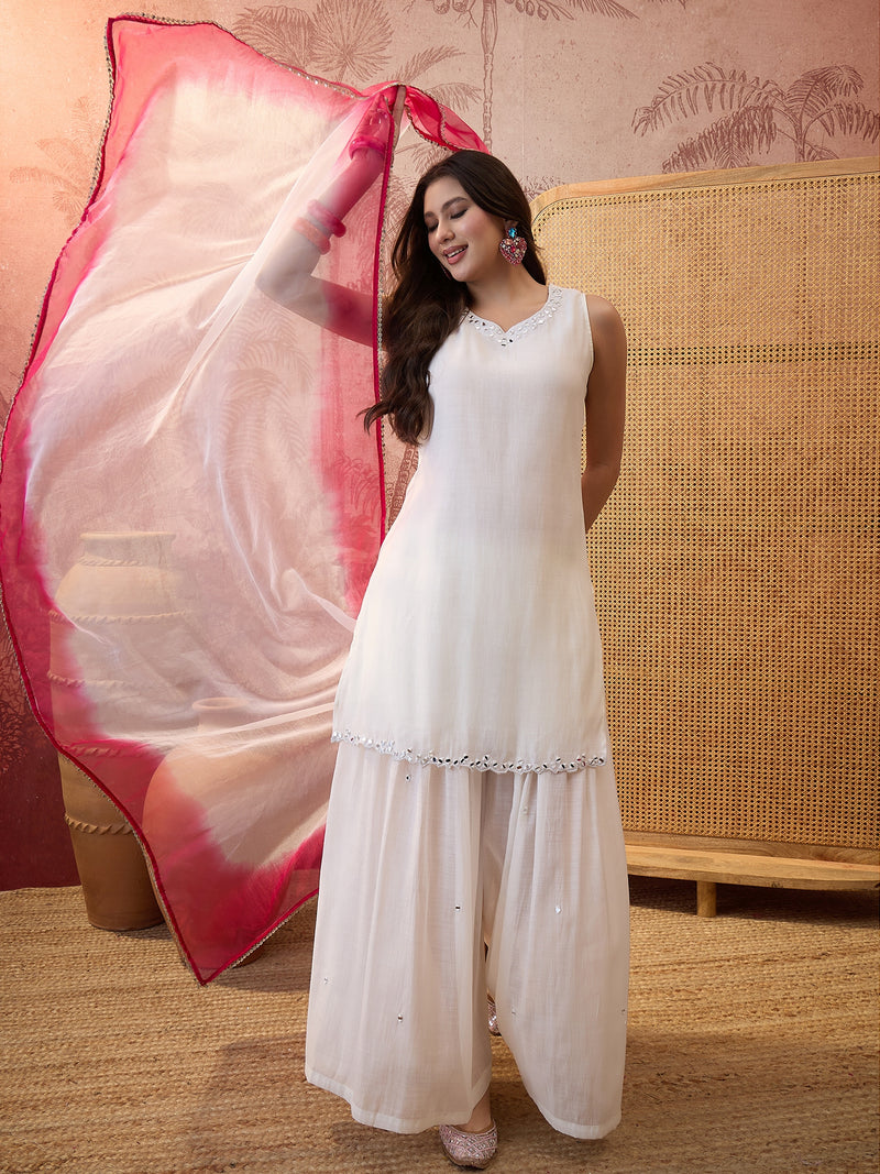 Off White Floral Embroidered Sleeveless Kurta With Sharara & Dupatta Kurta Set