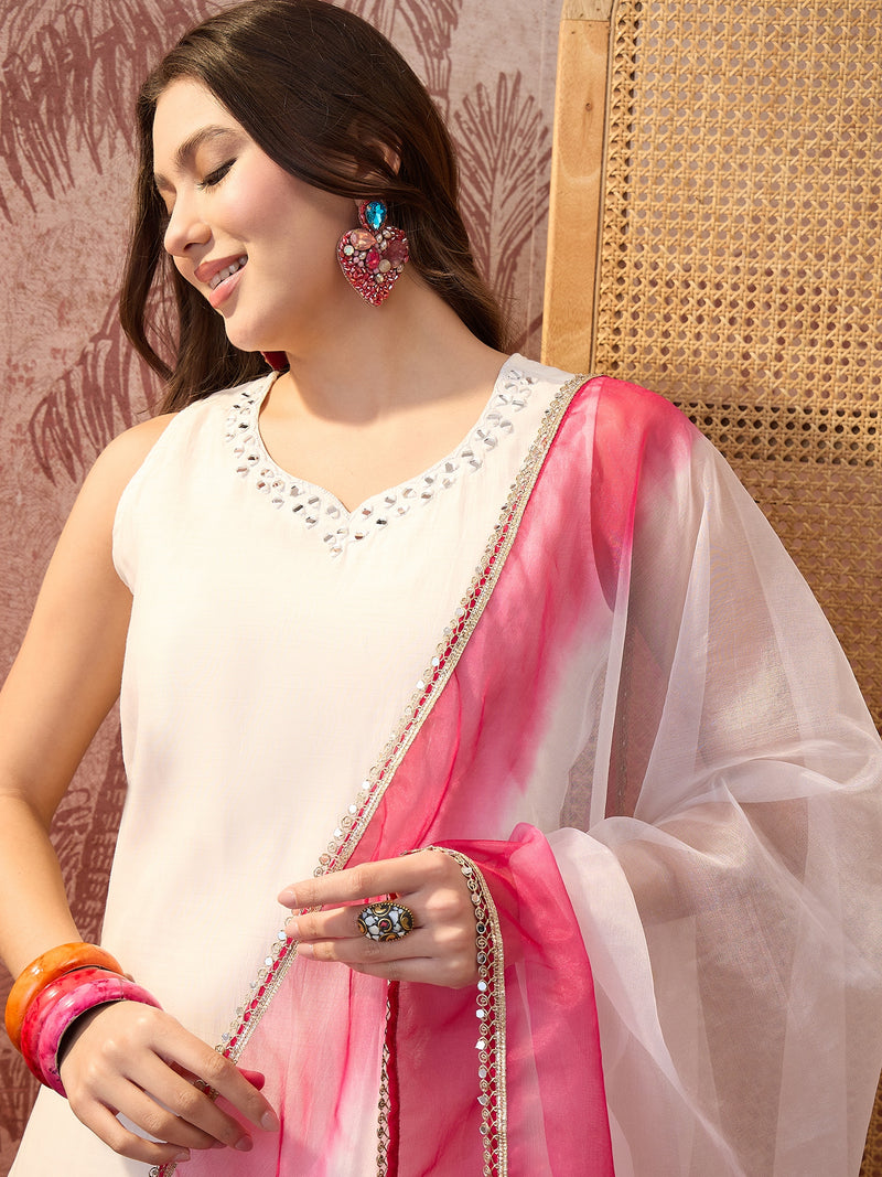 Floral Embroidered Sleevless Kurta With Sharara & Dupatta Kurta Set