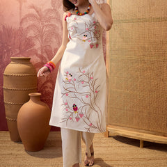Pure Cotton Embroidered Shoulder Strap Kurta Set with Pant & Dupatta