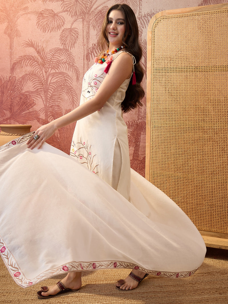 Pure Cotton Embroidered Shoulder Strap Kurta Set with Pant & Dupatta