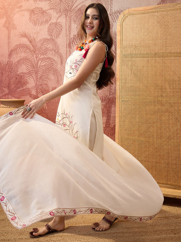 Pure Cotton Embroidered Shoulder Strap Kurta Set with Pant & Dupatta