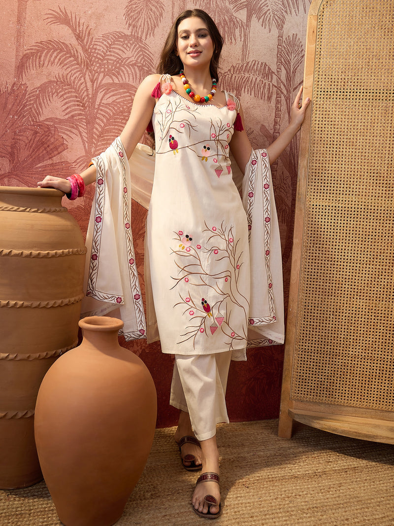 Pure Cotton Embroidered Shoulder Strap Kurta Set with Pant & Dupatta