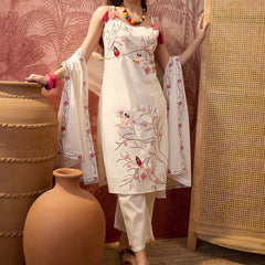 Pure Cotton Embroidered Shoulder Strap Kurta Set with Pant & Dupatta