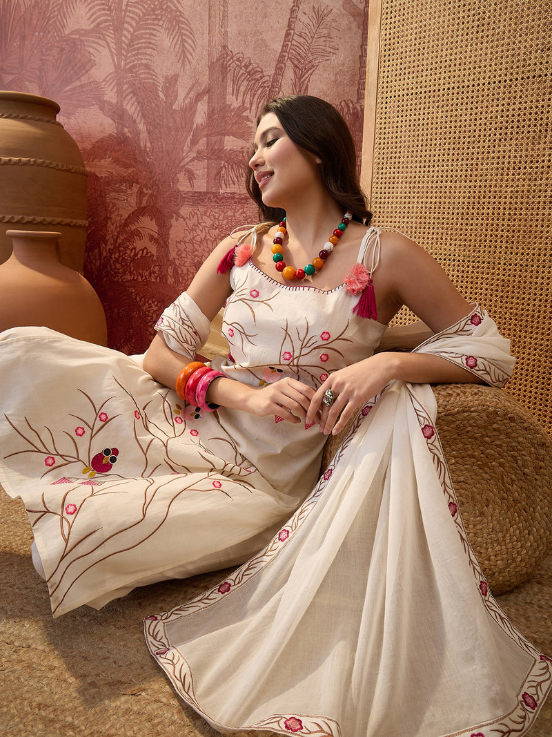 Pure Cotton Embroidered Shoulder Strap Kurta Set with Pant & Dupatta
